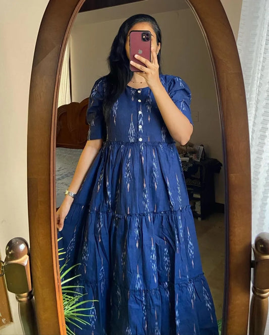Libas Kurta Blue Ikat Cotton Flair Middy Gown For Women