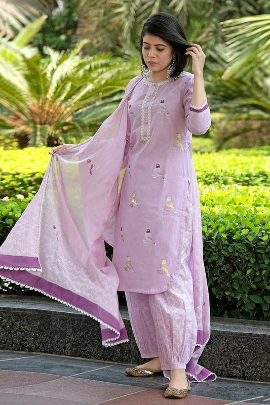 Libas Bird Printed Cotton Kurta And Pant Set With Dupatta