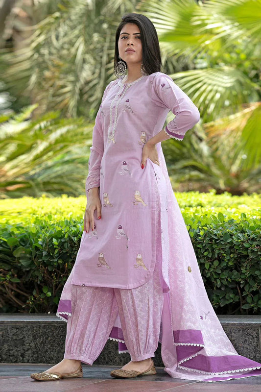 Libas Bird Printed Cotton Kurta And Pant Set With Dupatta