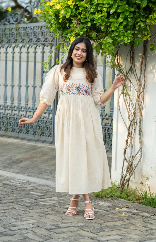 Libas Off-White Flex Cotton Dress With Floral Embroidery And Crochet Lace Detailing On Yoke And Sleeves