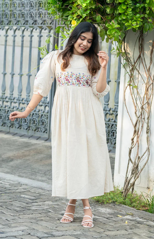 Libas Off-White Flex Cotton Dress With Floral Embroidery And Crochet Lace Detailing On Yoke And Sleeves