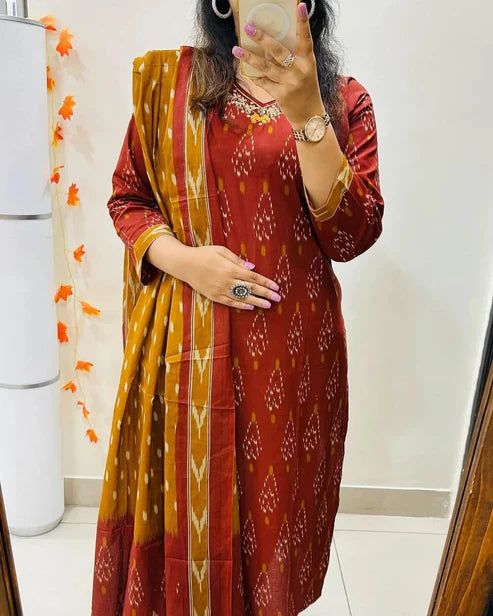 Libas Ikkat Print With Kurti Pant & Dupatta Set For Women