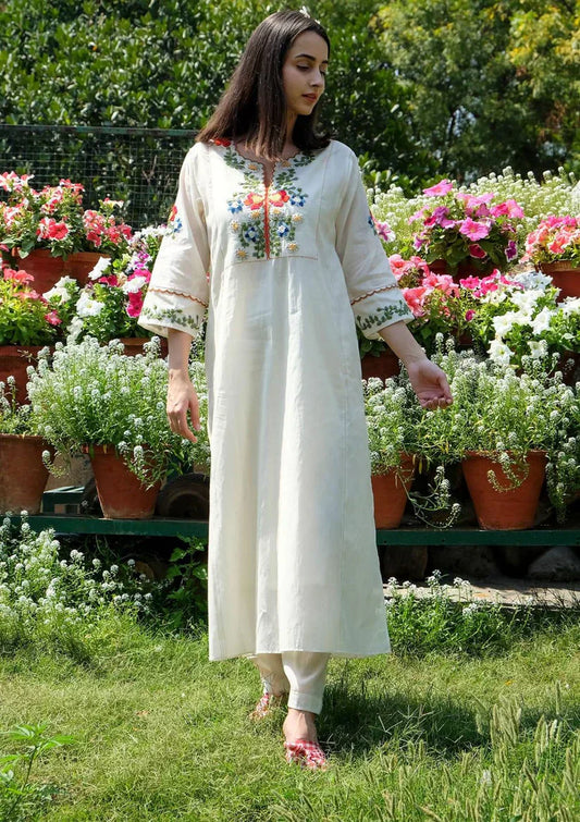 Libas Off White Embroidered Cotton Kurta And Pant Set
