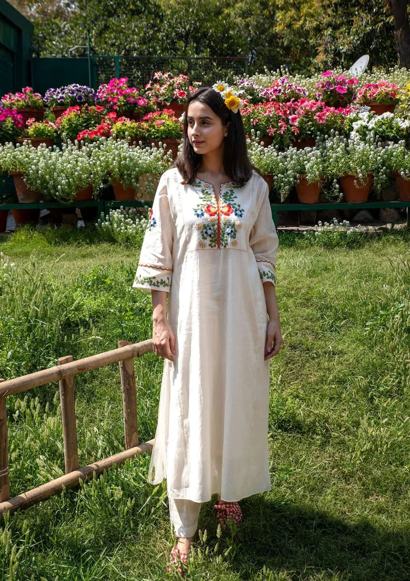 Libas Off White Embroidered Cotton Kurta And Pant Set