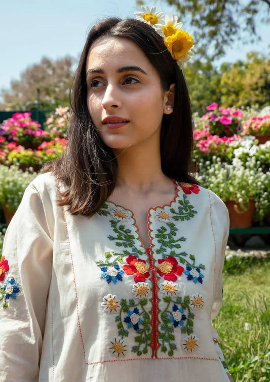 Libas Off White Embroidered Cotton Kurta And Pant Set