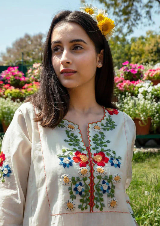 Libas Off White Embroidered Cotton Kurta And Pant Set