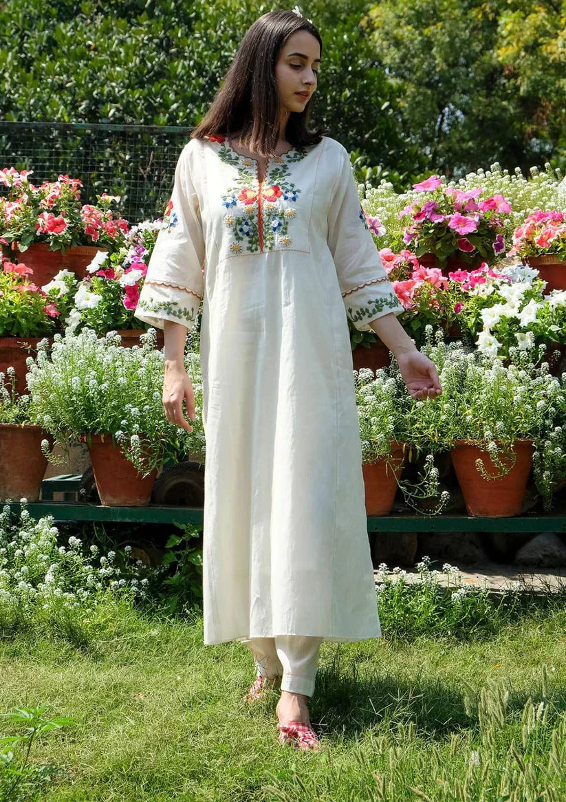 Libas Off White Embroidered Cotton Kurta And Pant Set