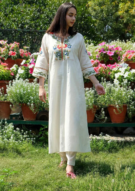 Libas Off White Embroidered Cotton Kurta And Pant Set