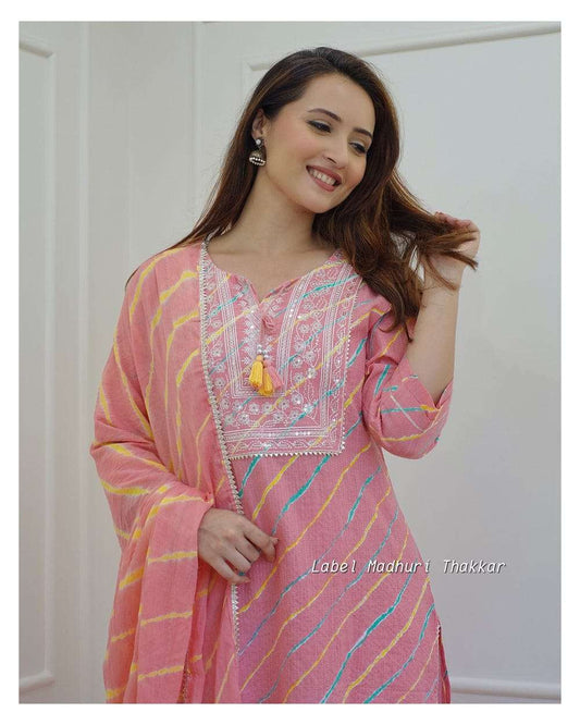 Libas Pink Leheriya Cotton  Blend Embroidered Suit Set For Women