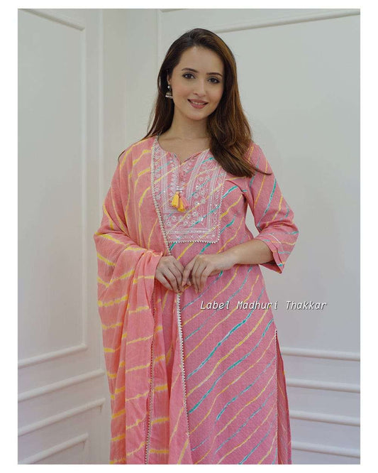 Libas Pink Leheriya Cotton  Blend Embroidered Suit Set For Women