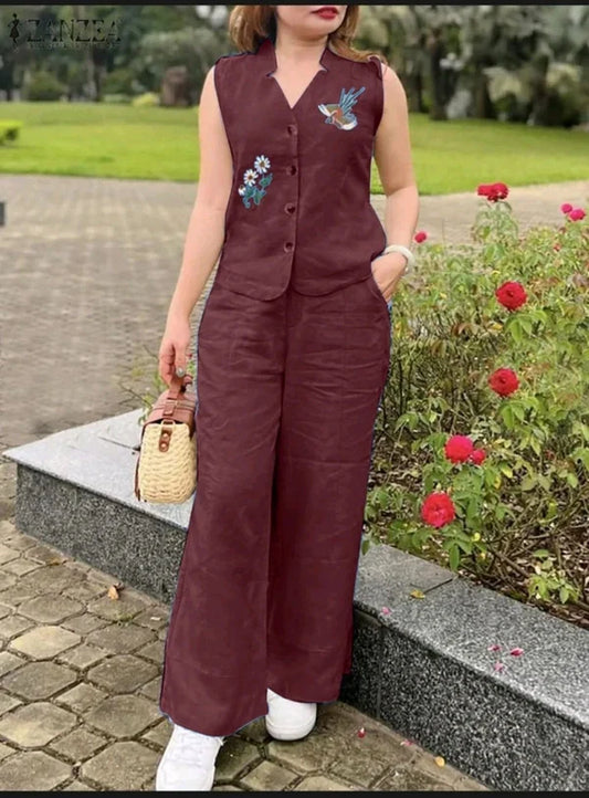 Sleeveless Maroon Sleeveless Linen Embroidered Two-Piece Set for Womens