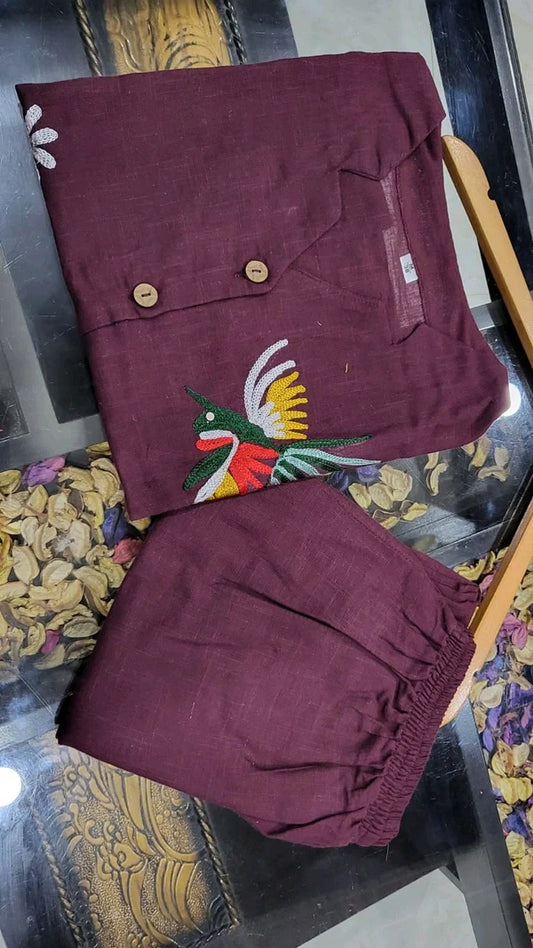 Sleeveless Maroon Sleeveless Linen Embroidered Two-Piece Set for Womens