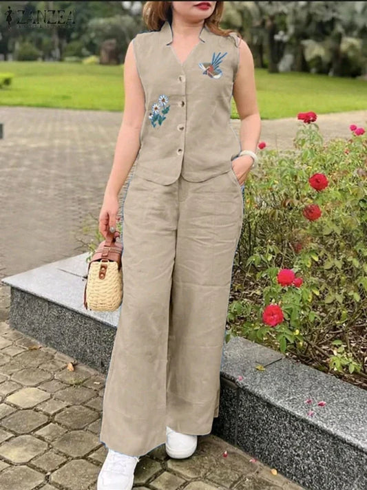 Sleeveless Embroidered Linen Two-Piece Set