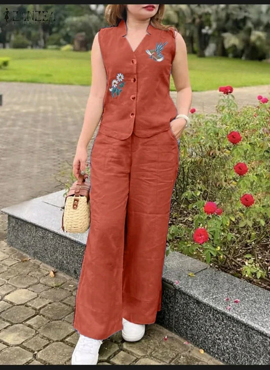 Sleeveless Rust Linen Two-Piece Set With Embroidery