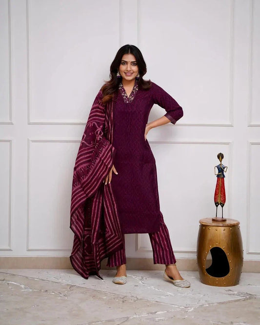 Libas Wine Cotton Kurta With Pant & Dupatta Set For Women