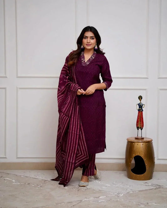 Libas Wine Cotton Kurta With Pant & Dupatta Set For Women