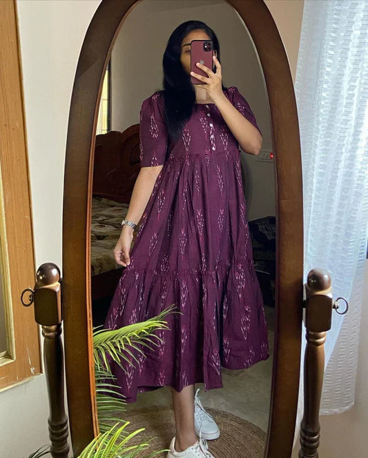 Libas Chic Maroon Ikat Midi Dress With Puff Sleeves
