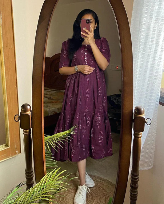 Libas Chic Maroon Ikat Midi Dress With Puff Sleeves
