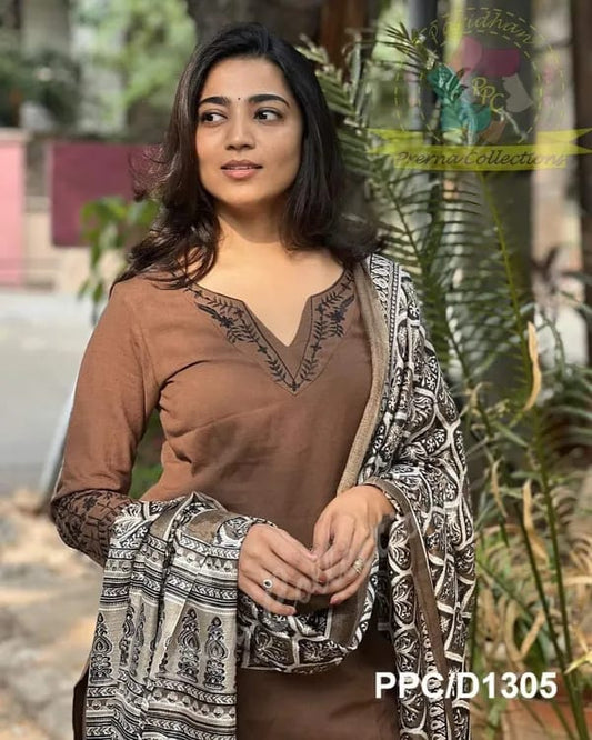 Libas Coffee Brown Embroidered Cotton Kurti With Pant And Khaddar Silk Digital Print Dupatta
