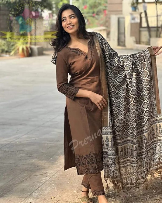 Libas Coffee Brown Embroidered Cotton Kurti With Pant And Khaddar Silk Digital Print Dupatta