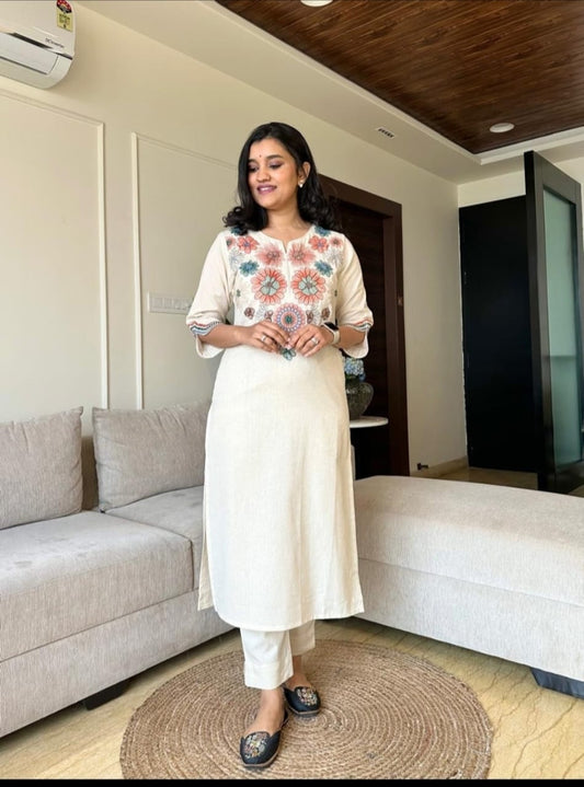 Libas Off White Embroidered Cotton Flex Kurta And Pant Set