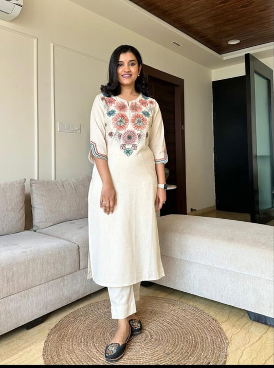 Libas Off White Embroidered Cotton Flex Kurta And Pant Set