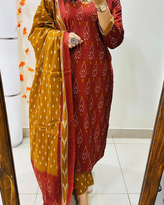 Libas Ikkat Print With Kurti Pant & Dupatta Set For Women
