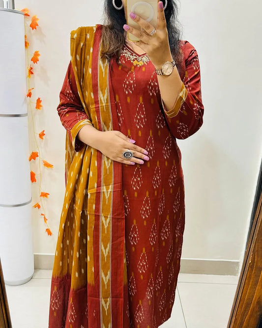 Libas Ikkat Print With Kurti Pant & Dupatta Set For Women