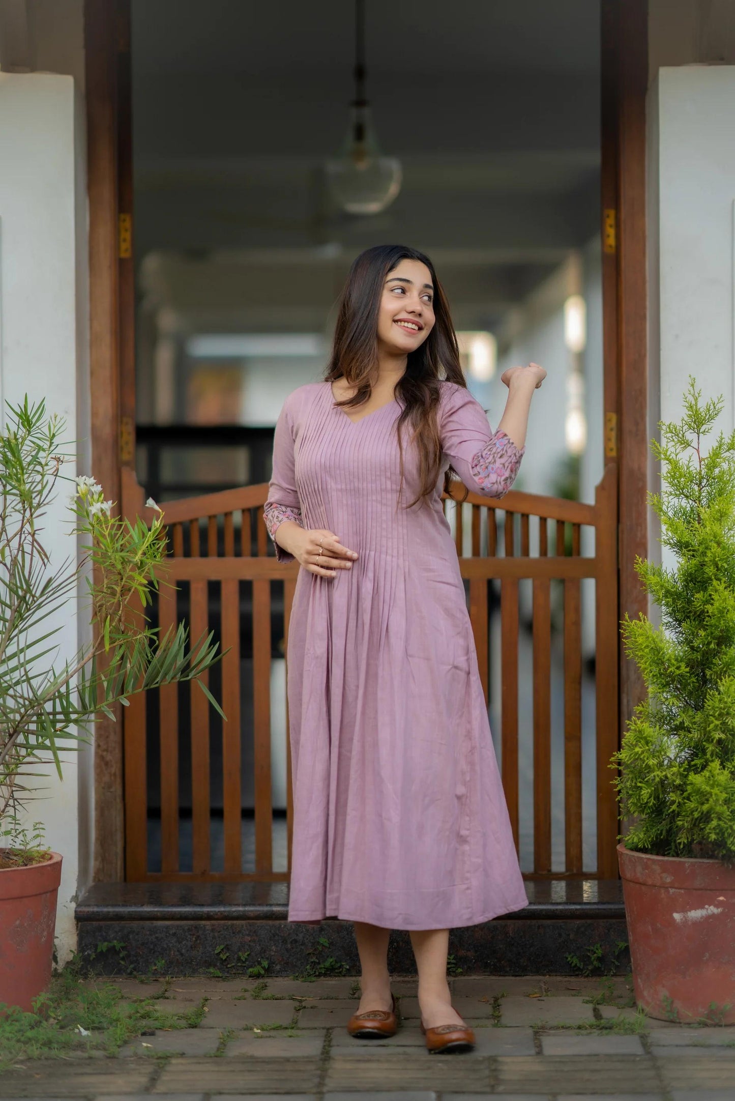 Libas Dusty Lavender Embroidered Printx Work Cotton Anarkali Gown