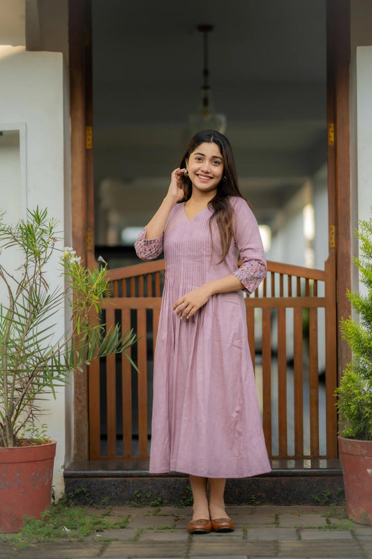Libas Dusty Lavender Embroidered Printx Work Cotton Anarkali Gown