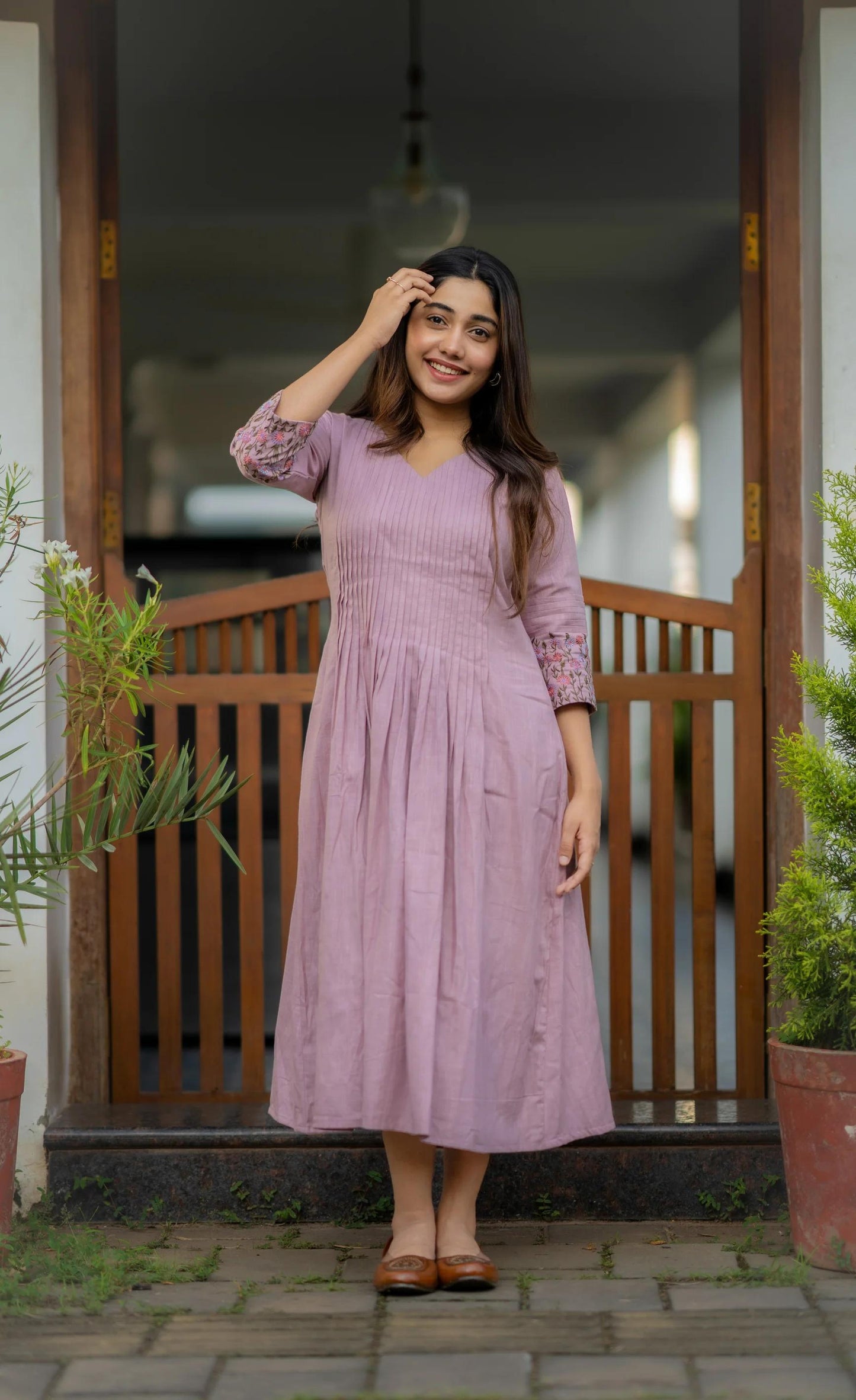 Libas Dusty Lavender Embroidered Printx Work Cotton Anarkali Gown