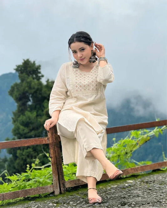 Libas Off White Embroidered Cotton Kurta And Pant Set