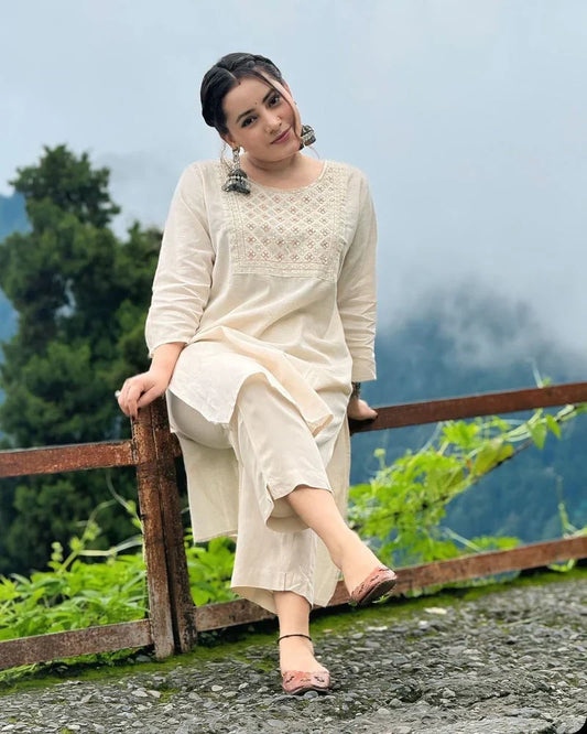 Libas Off White Embroidered Cotton Kurta And Pant Set