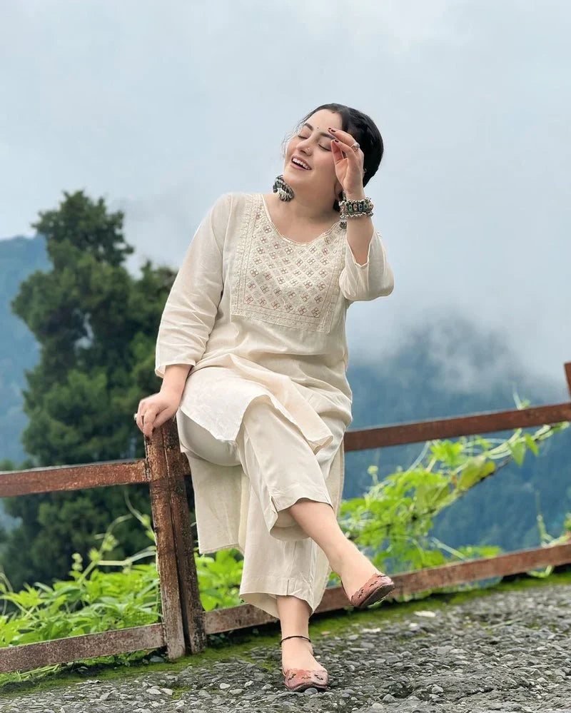 Libas Off White Embroidered Cotton Kurta And Pant Set