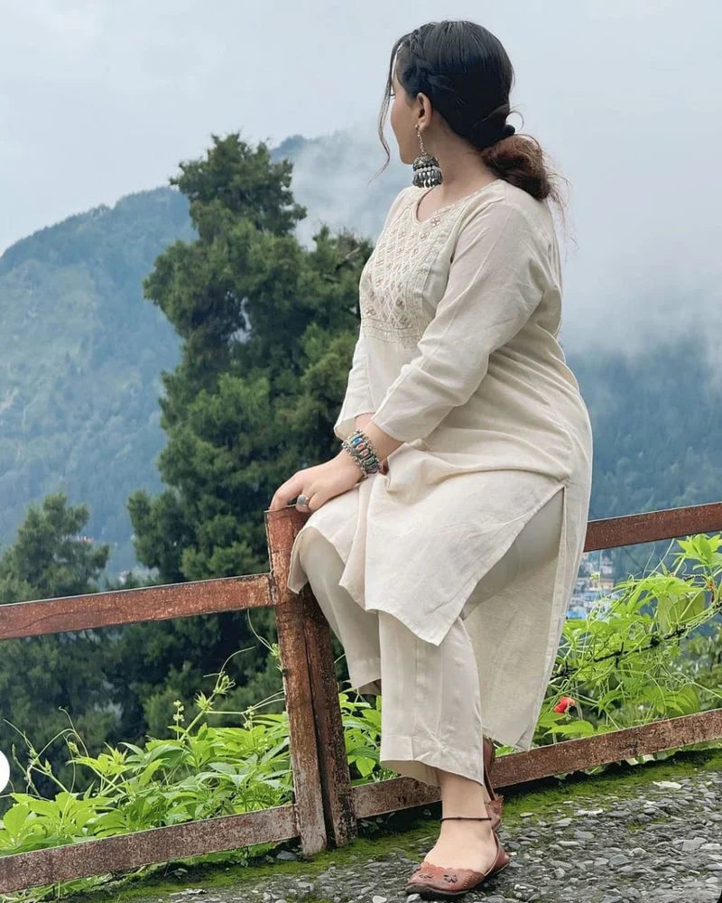 Libas Off White Embroidered Cotton Kurta And Pant Set