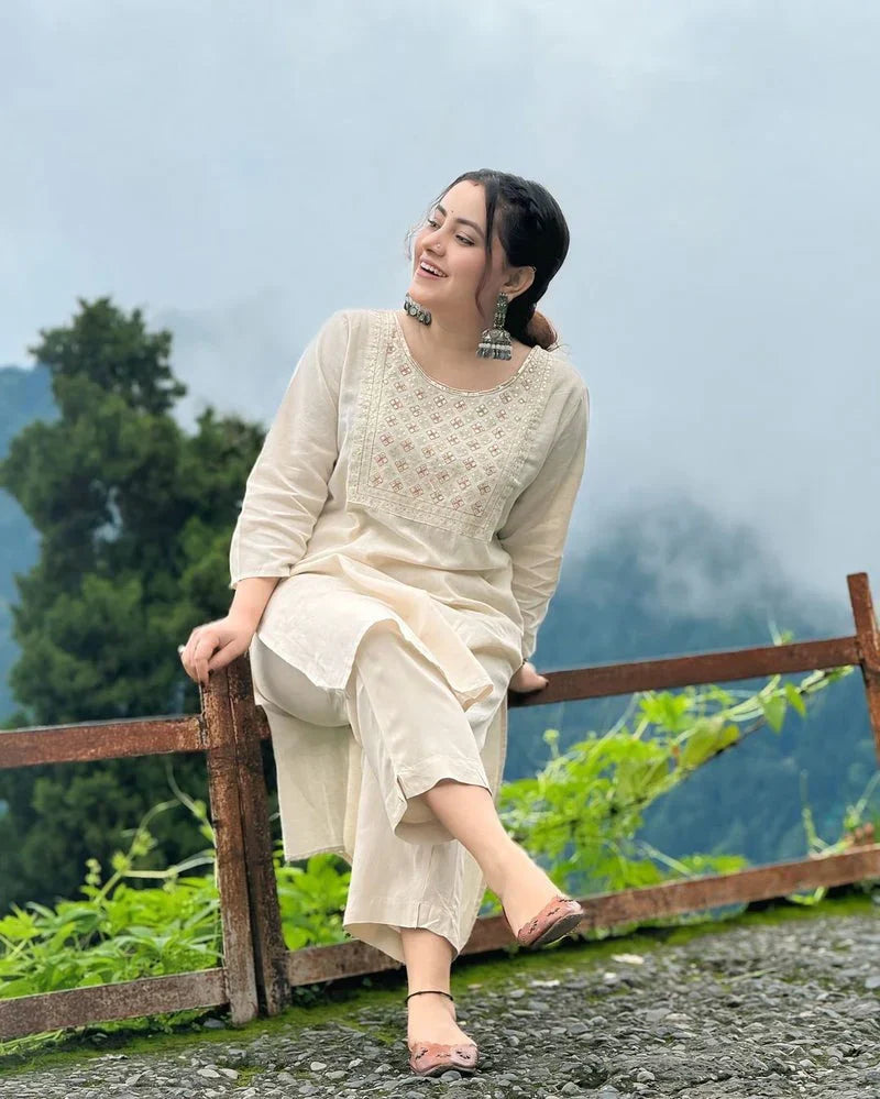 Libas Off White Embroidered Cotton Kurta And Pant Set