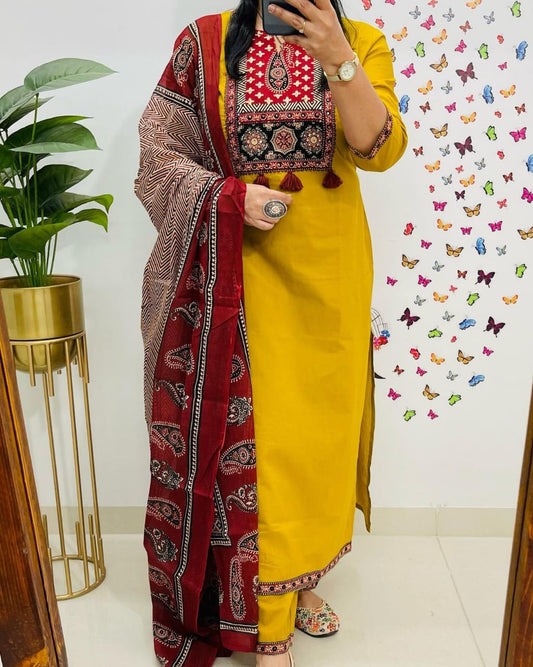 Libas Traditional Mustard Yellow Kurta Set With Ajrak Dupatta