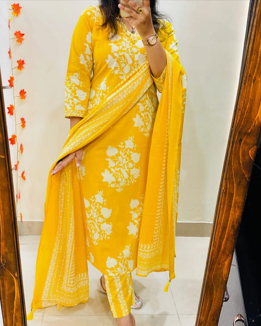 Libas Radiant Yellow Ethnic Ensemble With White Floral Embroidery