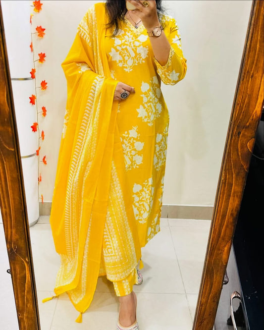 Libas Radiant Yellow Ethnic Ensemble With White Floral Embroidery