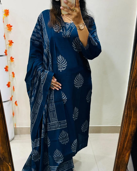 Libas Blue Handblock Print Cotton Suit Set