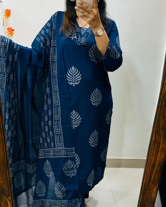 Libas Blue Handblock Print Cotton Suit Set