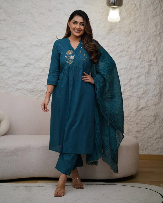 Libas Elegant Teal Embroidered Kurta Set With Dupatta