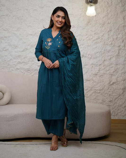 Libas Elegant Teal Embroidered Kurta Set With Dupatta