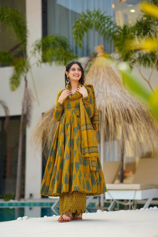 Libas Elegant Mustard Green Ethnic Ensemble With Leaf Motif