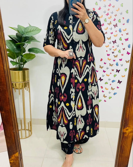 Libas Contemporary Ikat-Printed Black Cotton Kurta Set