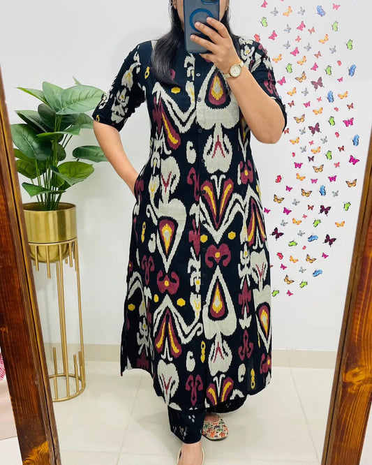 Libas Contemporary Ikat-Printed Black Cotton Kurta Set