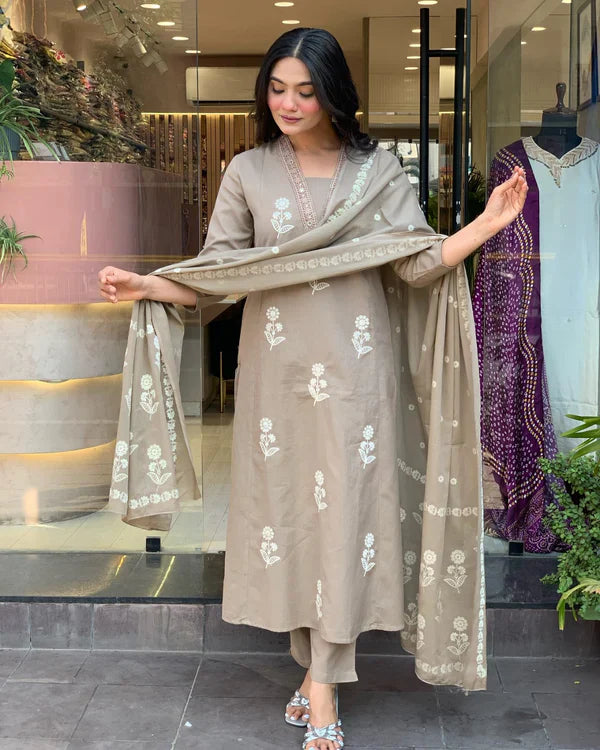 Libas Elegant Taupe Floral Embroidered Cotton Suit Set