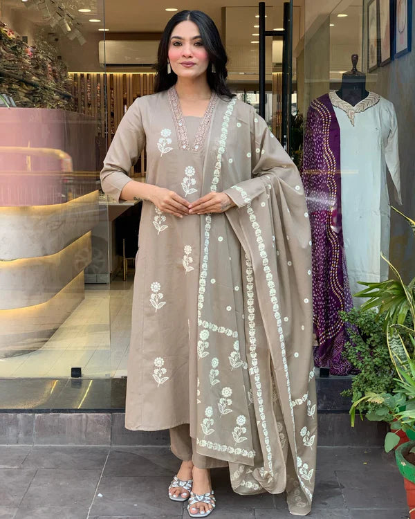 Libas Elegant Taupe Floral Embroidered Cotton Suit Set