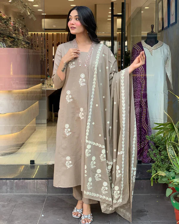 Libas Elegant Taupe Floral Embroidered Cotton Suit Set