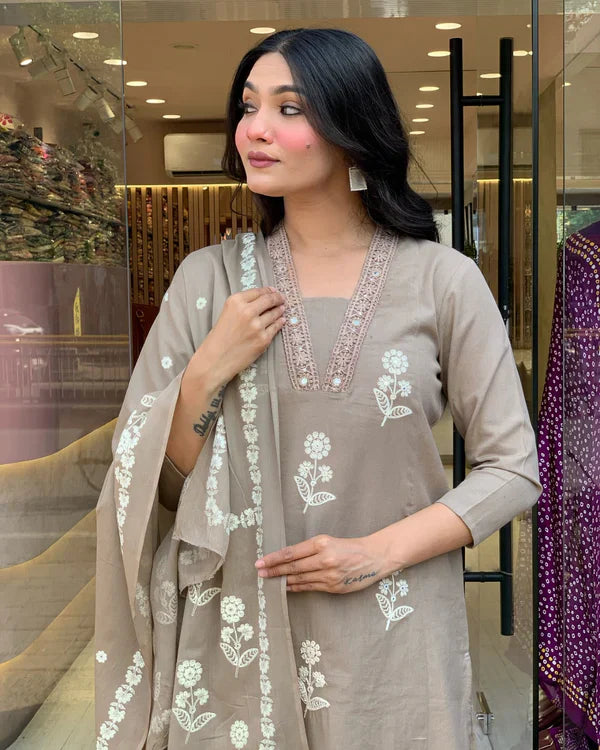 Libas Elegant Taupe Floral Embroidered Cotton Suit Set